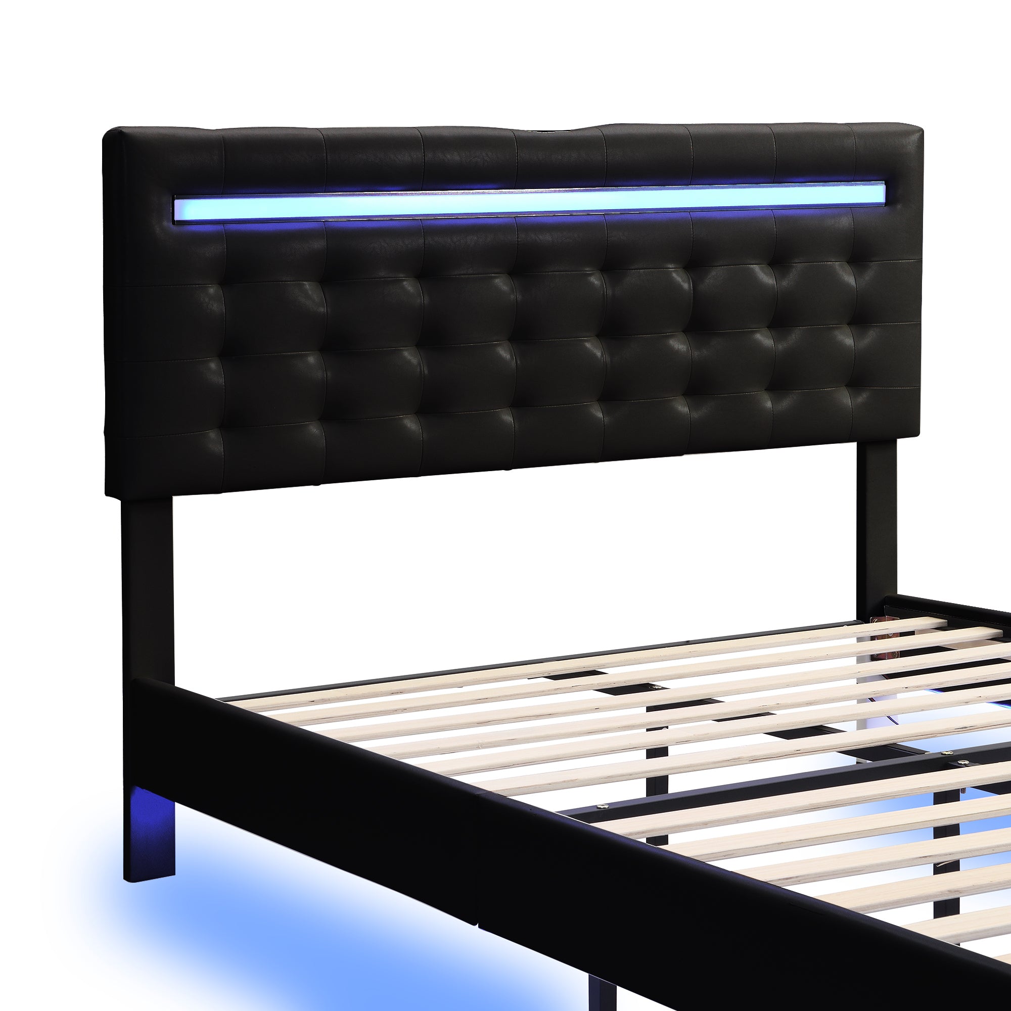 Full Size Floating Bed Frame with LED Lights and USB Charging, Modern Upholstered Platform LED Bed Frame