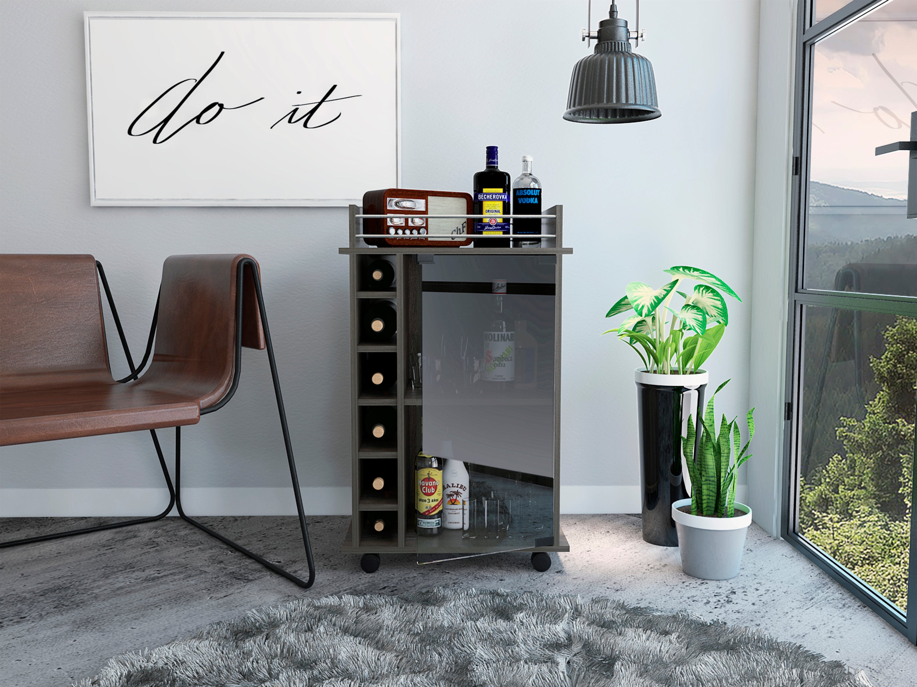 Vegas Bar Cart, Two Tier Cabinet With Glass Door