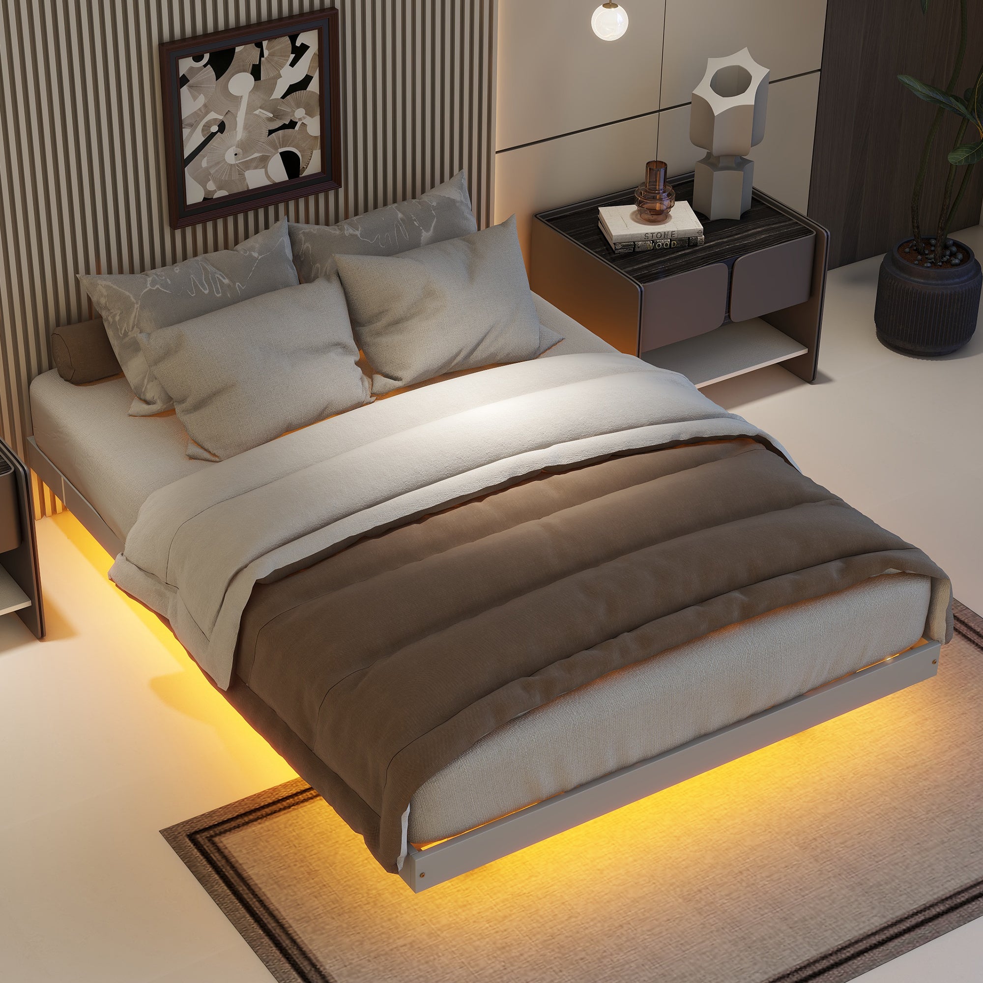 Full Size Floating Bed with LED Lights Underneath, Modern Full Size Low Profile Platform Bed with LED Lights