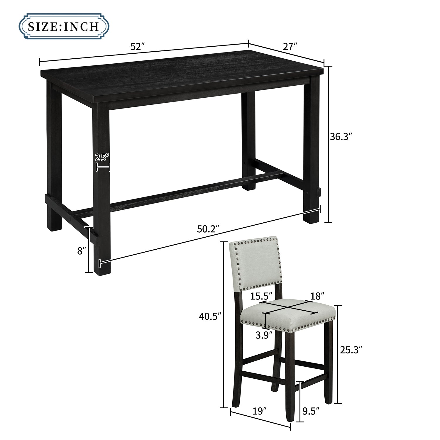 5-Piece Counter Height Dining Set, Classic Elegant Table and 4 Chairs